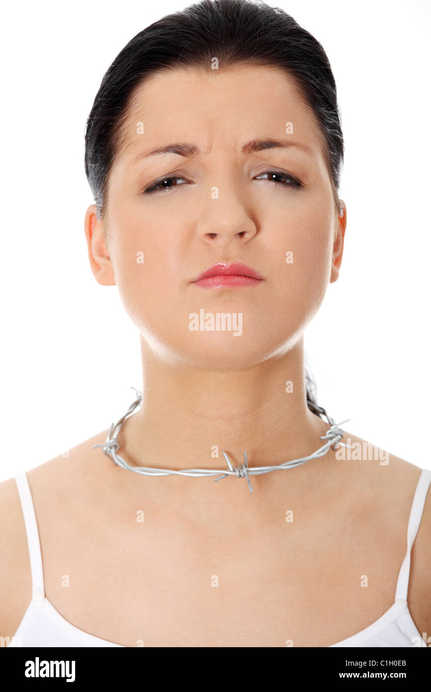 Throat pain concept. Young woman with barbed wire around her throat
