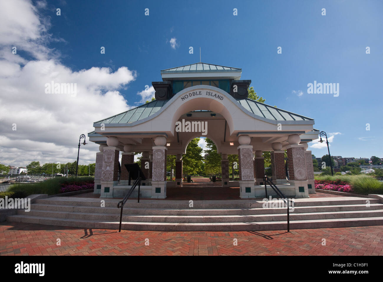 Pavilion on an island, Noddle Island, Piers Park, East Boston, Boston, Suffolk County, Massachusetts, USA Stock Photo