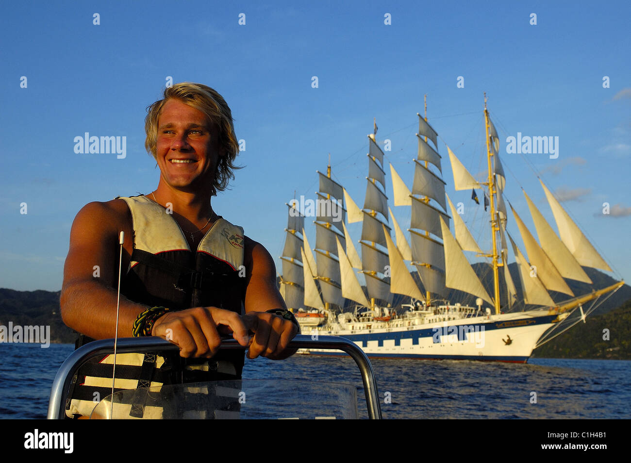Caribbean sea, St Lucia Island, Jacob in charge of the sports at the five masted ship Royal Clipper Stock Photo