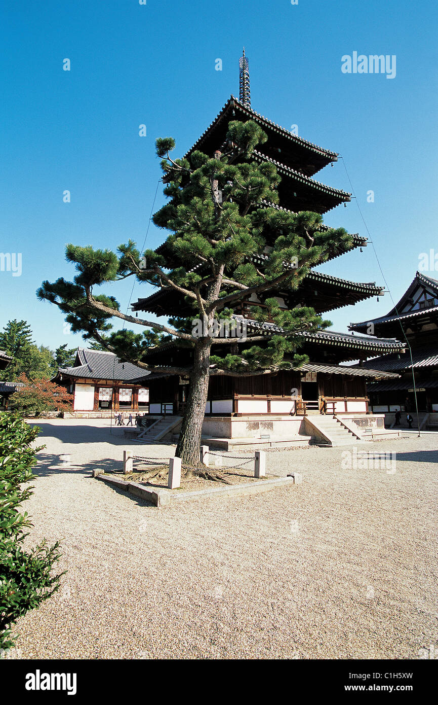 Japan : Nara, pagoda on five floors of the Horyu-Ji temple, the oldest Japanese temple Stock Photo
