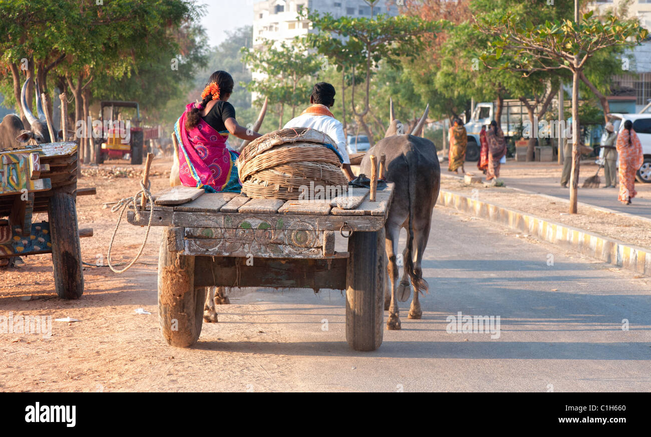 Indian bullock cart, driver and wife, traveling home from market, Puttaparthi, Andhra Pradesh, India Stock Photo