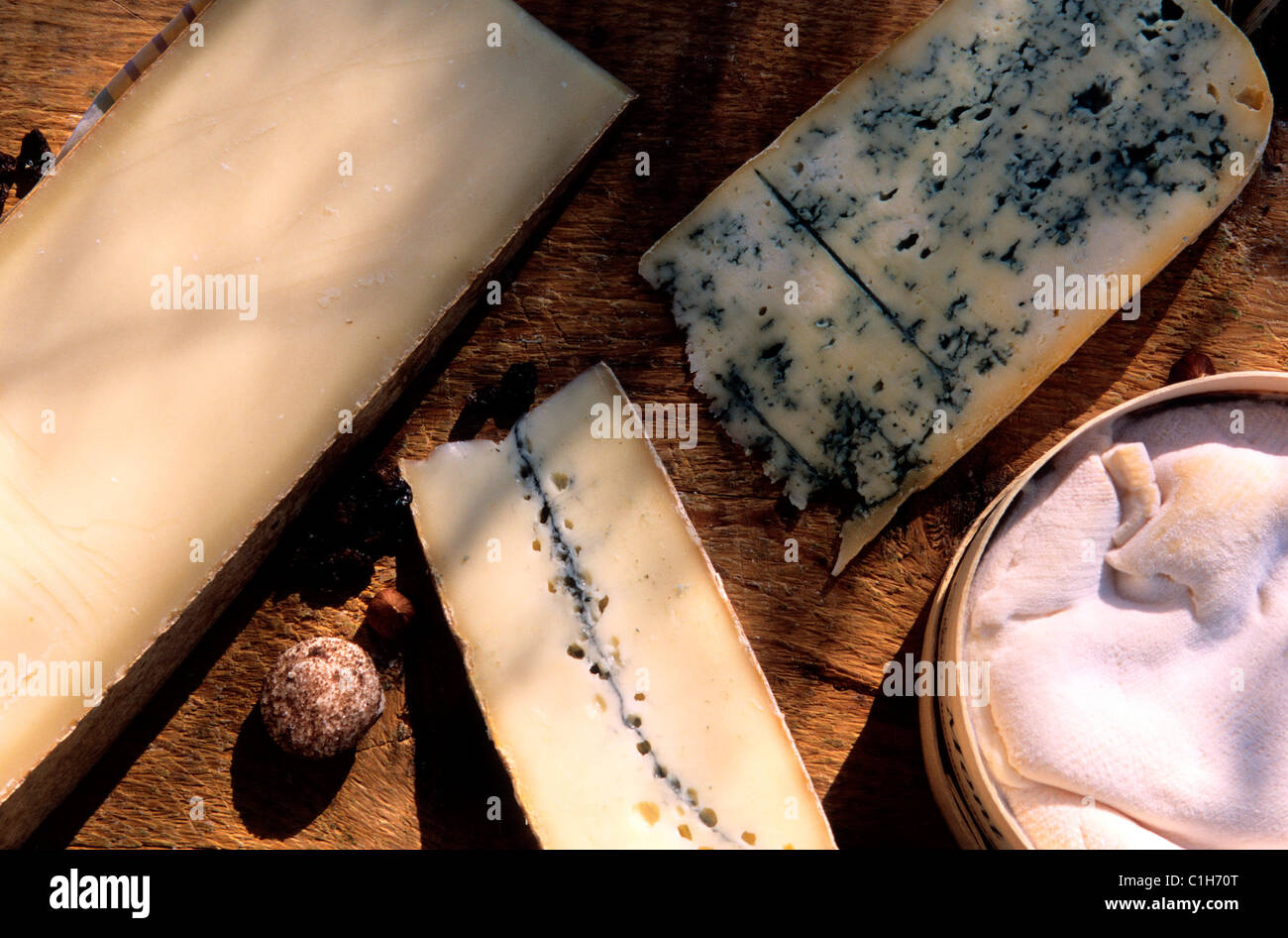 France, Doubs, four typical cheese of Franche Comte region: the Comte, Morbier, bleu de Geix and the Mont d'Or Stock Photo