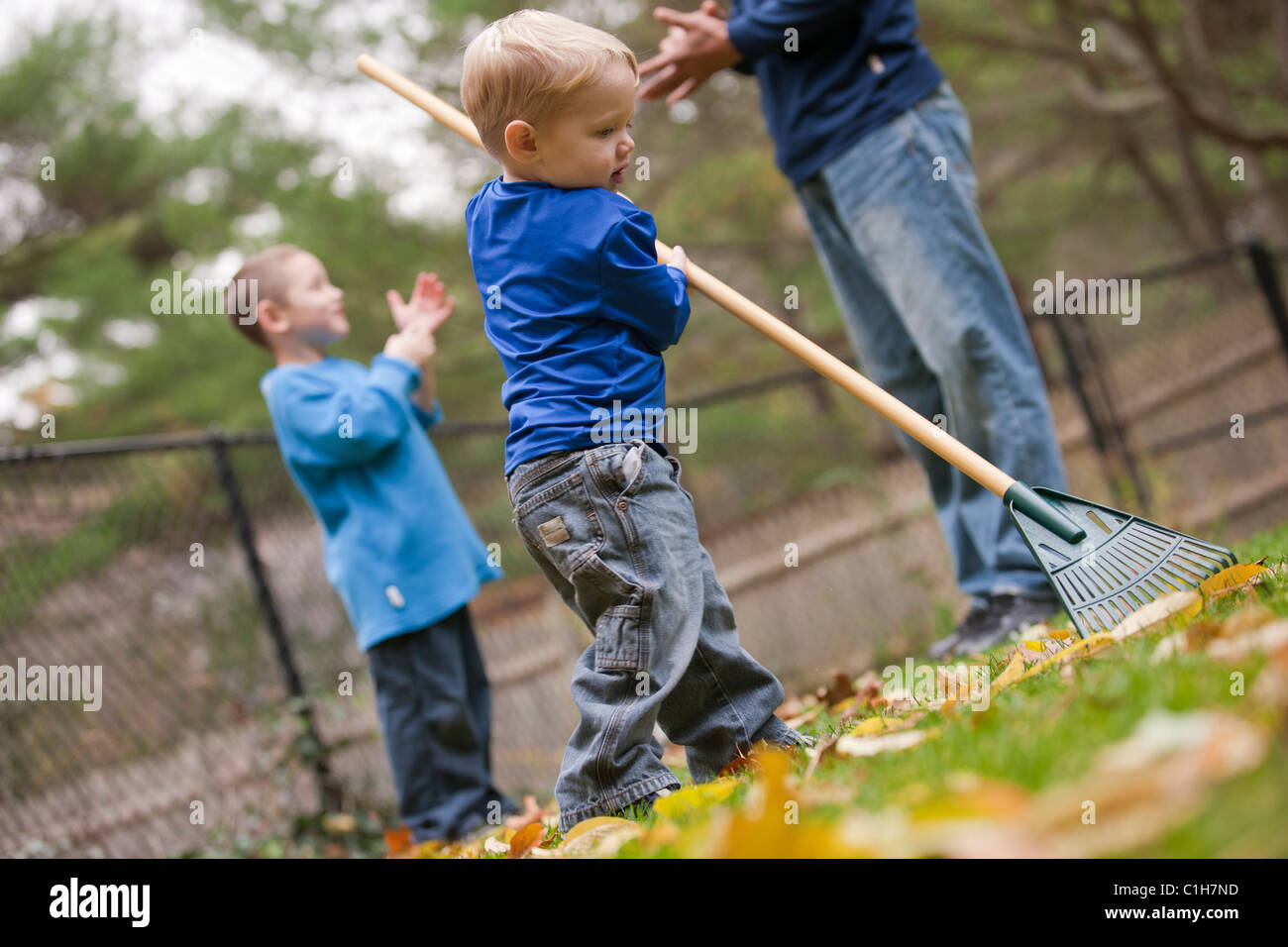 Boy raking leaves in a park with his father and brother communicating