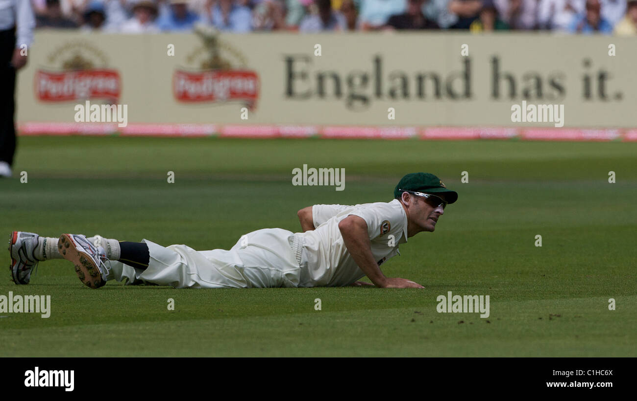 Michael Hussey can't stop an England boundary during the England V Australia Second Ashes Test series at Lord's, London, England Stock Photo