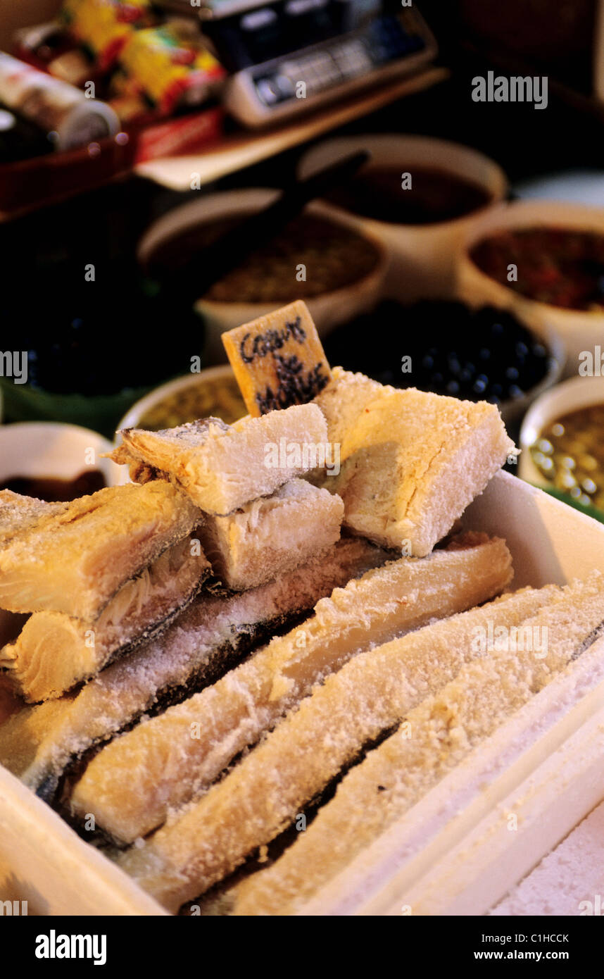 France, Pyrenees Orientales, Perpignan, salted cod on the stall of a grocer Stock Photo