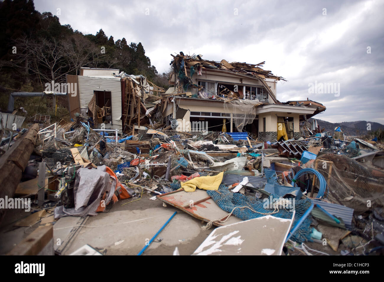 Photo shows the wrecked remains of Imeshi village, which was badly damaged by the March 11 mega-tsunami, on the Oshika Peninsula Stock Photo
