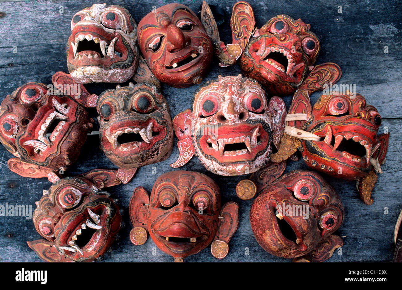Indonesia, Bali, a collection of ancient masks made with wood 