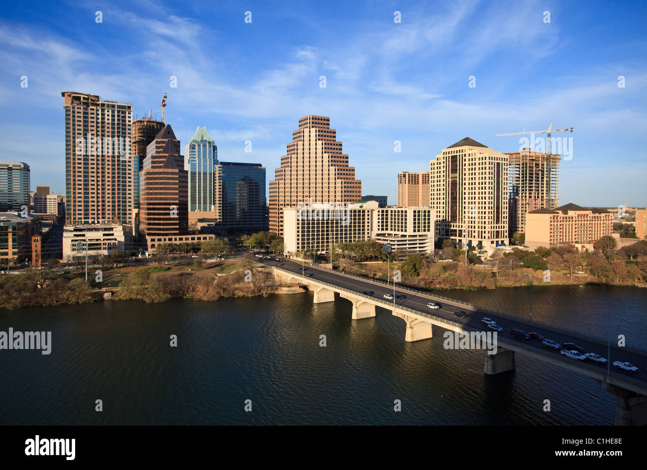 Downtown Austin Texas cityscape and skyline. A nice clear day by the lake in downtown Austin Texas. Stock Photo