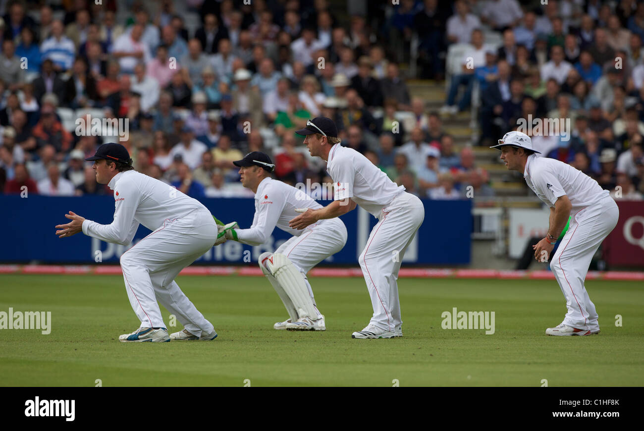 The reaction  from Graeme Swann, Matt Prior, Paul Collingwood and Andrew Strauss as Andrew Flintoff bowls Michael Hussey. Stock Photo