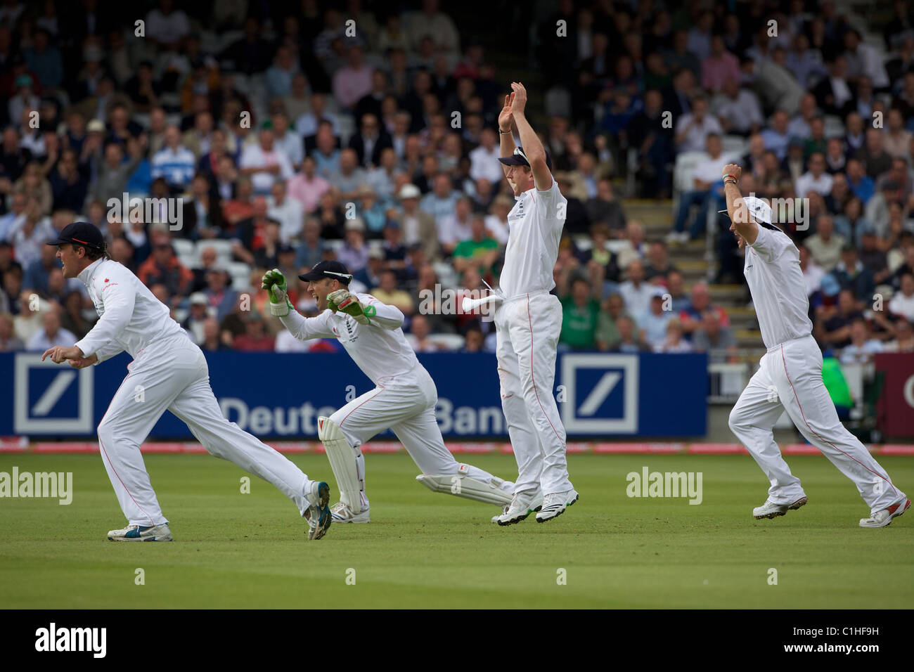 The reaction from Graeme Swann, Matt Prior, Paul Collingwood and Andrew Strauss as Andrew Flintoff bowls Michael Hussey. Stock Photo