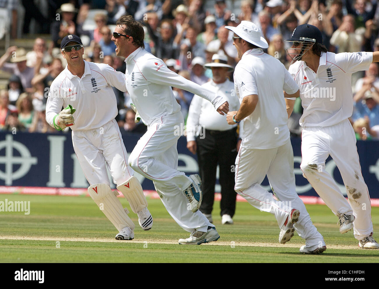 Graeme Swann celebrates the wicket of Michael Hussey. during the England V Australia Ashes Test series at Lord's, London. Stock Photo