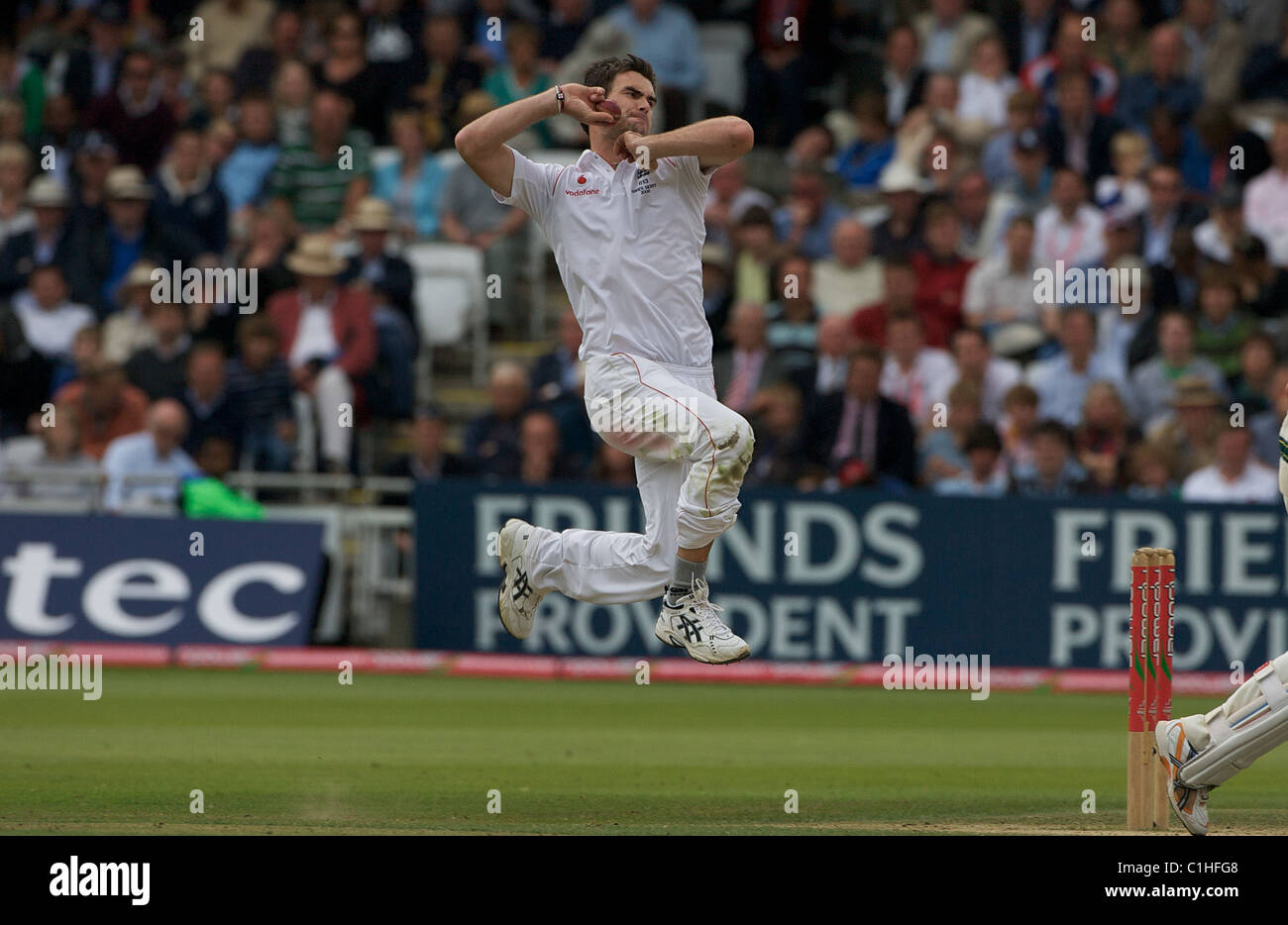 Jimmy Anderson bowling during the England V Australia Ashes Test series at Lord's, London, England. Stock Photo