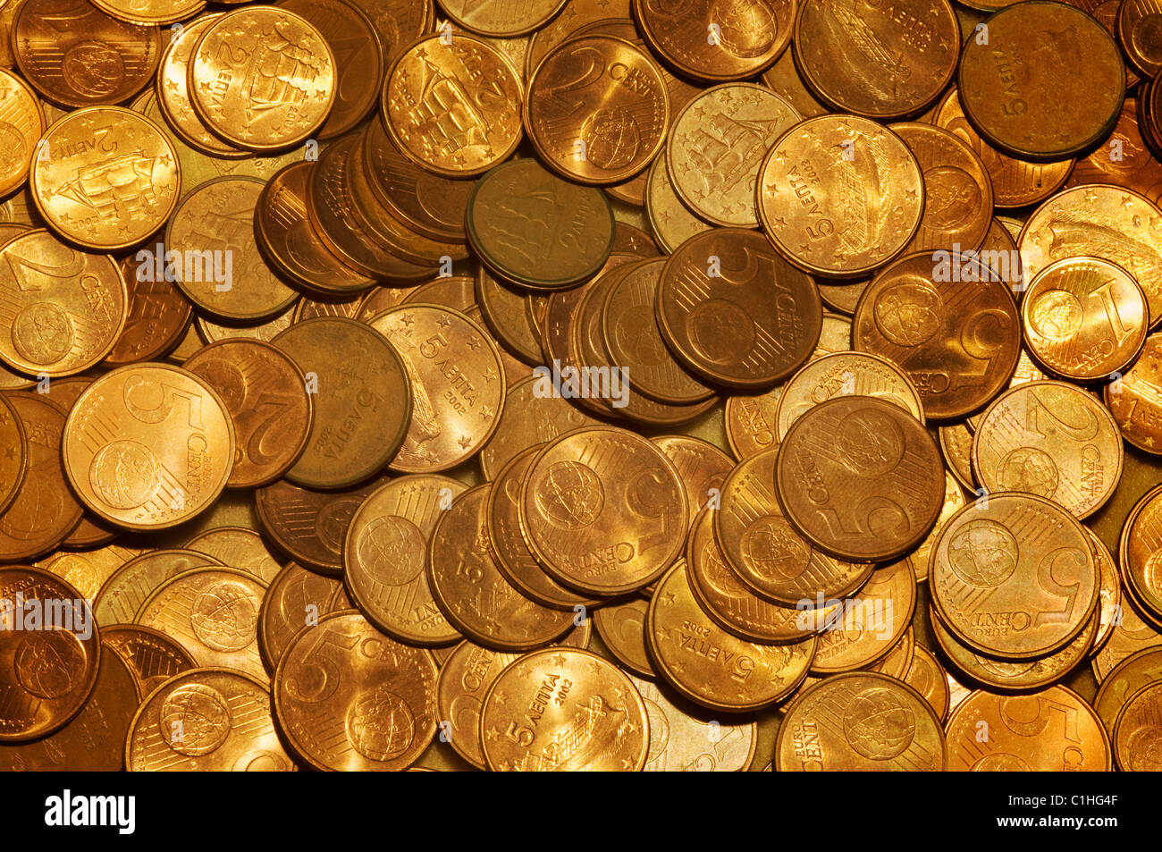 Image shows a pattern of euro cent coins Stock Photo