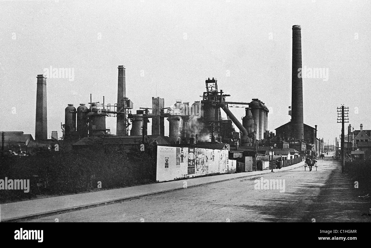 Very old photograph of early blast furnace iron works in Scunthorpe. Stock Photo