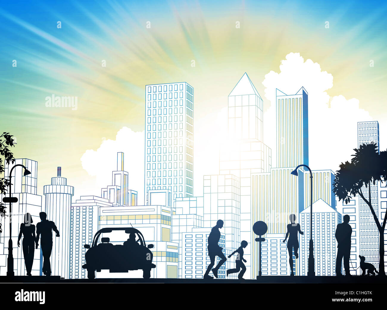 Illustration of a busy street with city buildings and sky as background ...