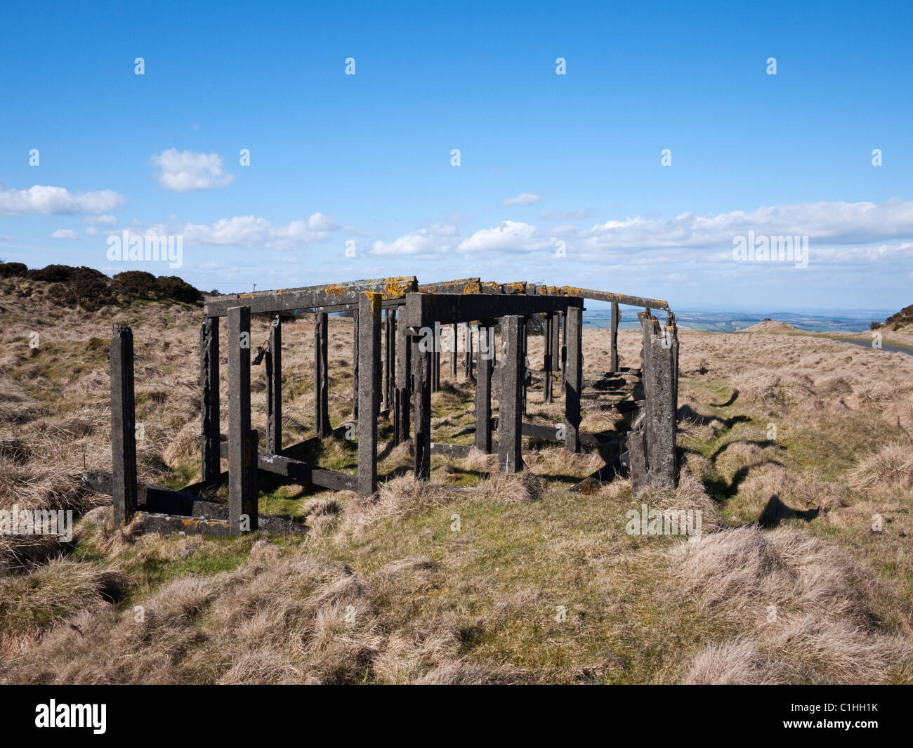 Ruins in dolerite (dhustone) quarry workings on Abdon Burf, the summit of Brown Clee, Shropshire Stock Photo