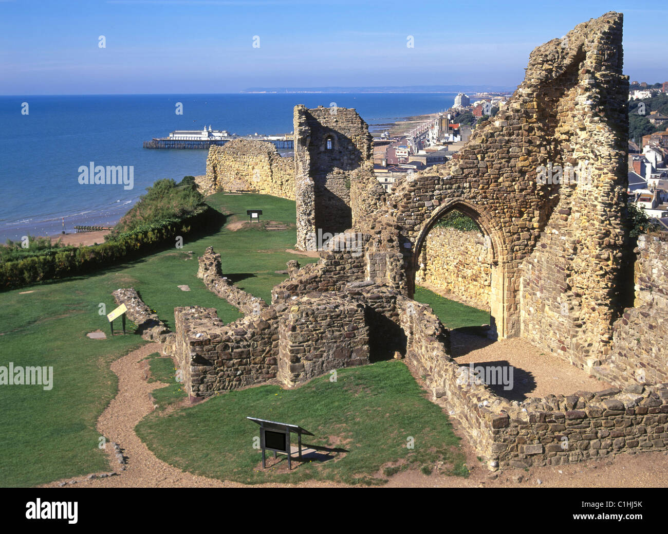 Hastings Castle ruins with town beyond Stock Photo Alamy