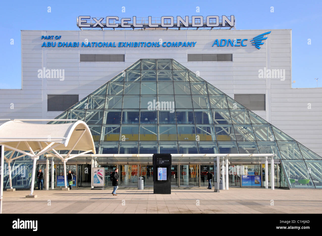 Excel Centre & international convention centre exhibition halls in modern building main entrance below glass canopy Newham East London England UK Stock Photo