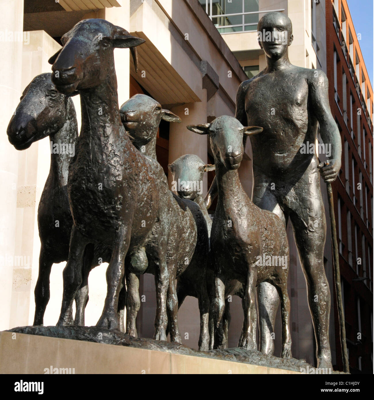 Paternoster also known as Shepherd and Sheep or Shepherd with his Flock bronze sculpture by Dame Elisabeth Frink Paternoster Square City of London UK Stock Photo