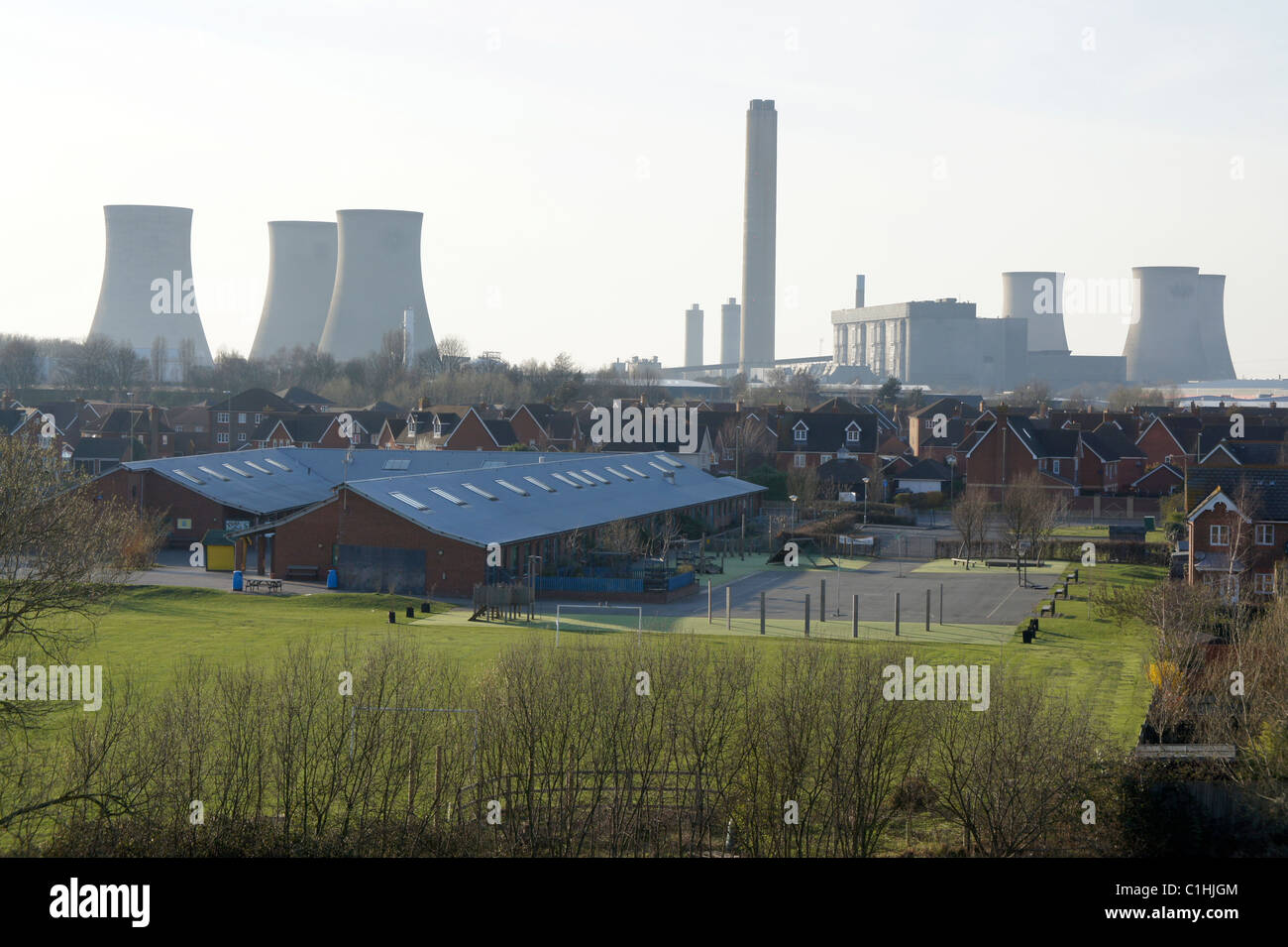 Lady Grove School with Didcot Power Station in the background. Stock Photo
