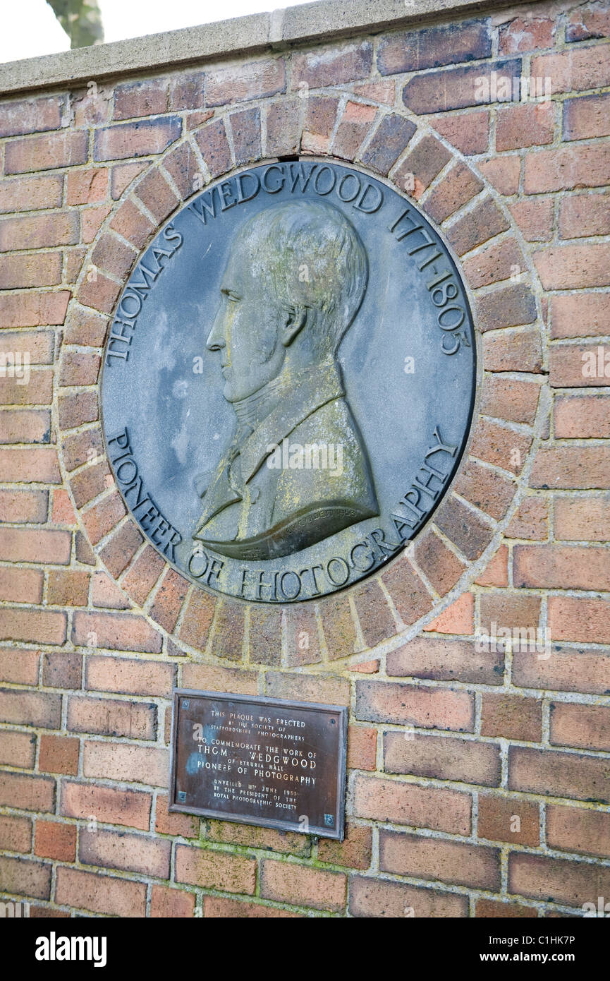 Plaque in Etruria Park, Stoke on Trent commemorating Thomas Wedgwood as the founder of photography Stock Photo