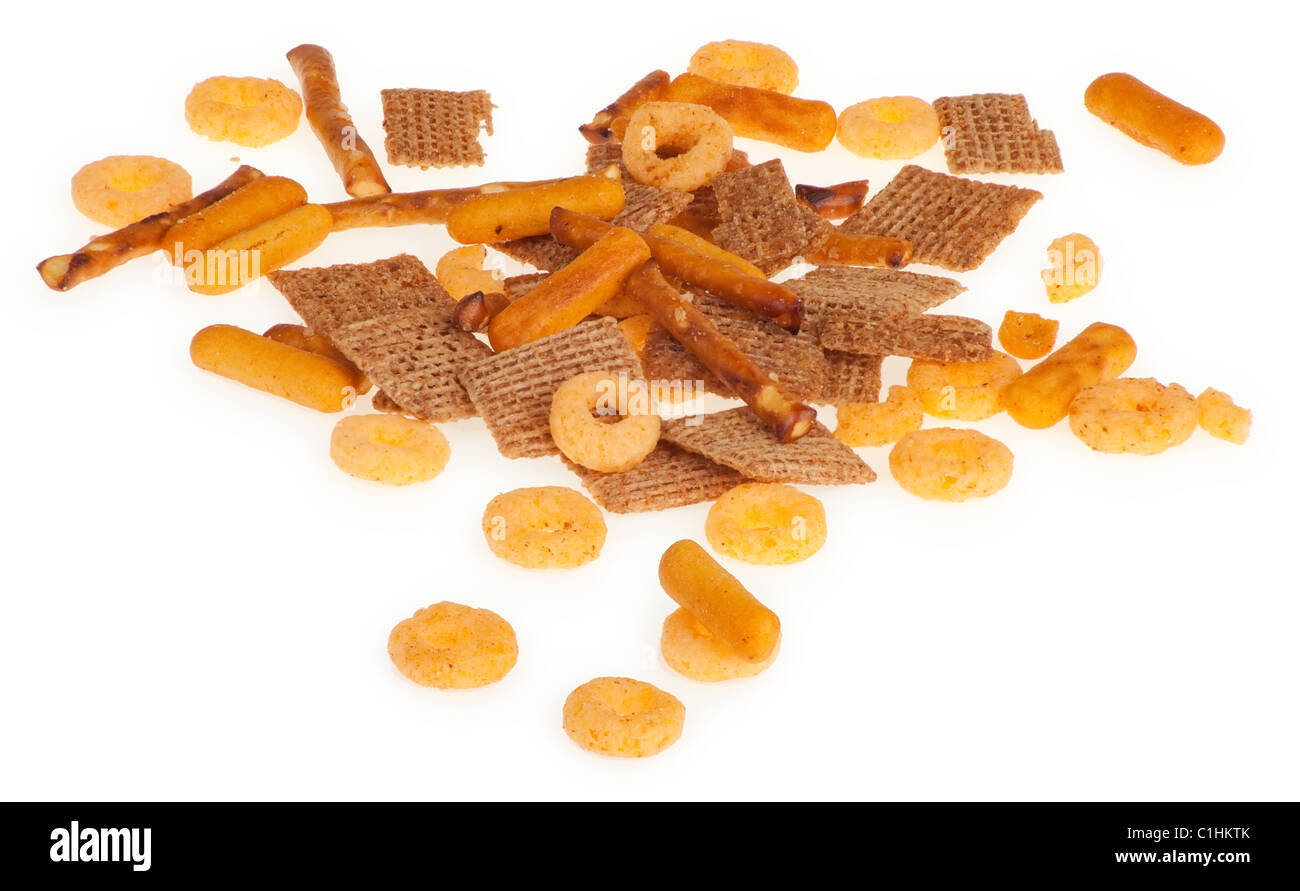 This is a mix of salted pretzels, cereal squares and cheezy bread crisps. Stock Photo