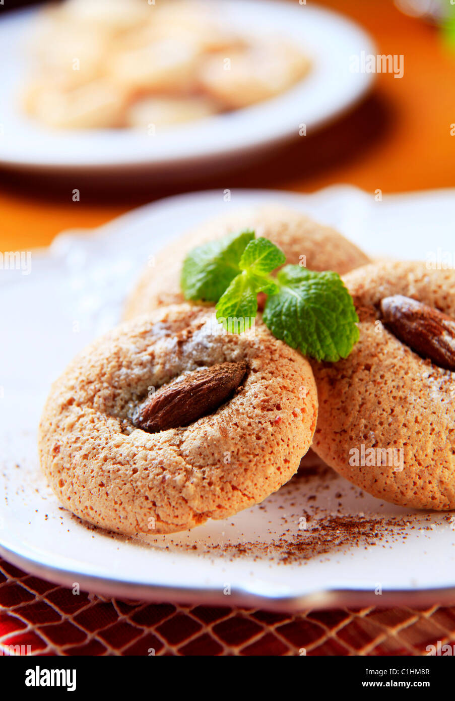 Crispy almond macaroons on a plate - detail Stock Photo