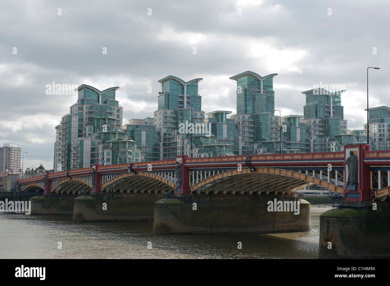 St George Wharf development in Vauxhall, London, seen with Vauxhall Bridge in the foreground Stock Photo