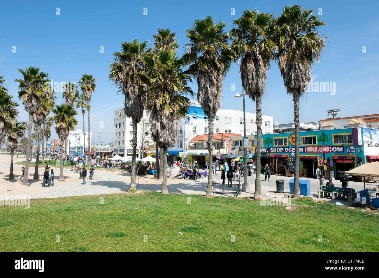 World famous Venice Beach boardwalk hosts nearly two miles of shops, eateries and street vendors Stock Photo