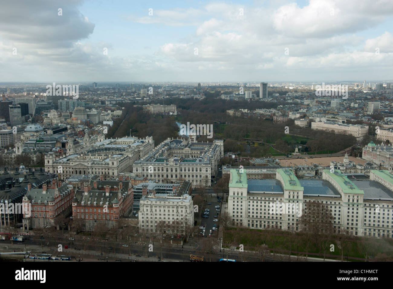 View over London, with Buckingham Palace and St Jame's Park central. Stock Photo