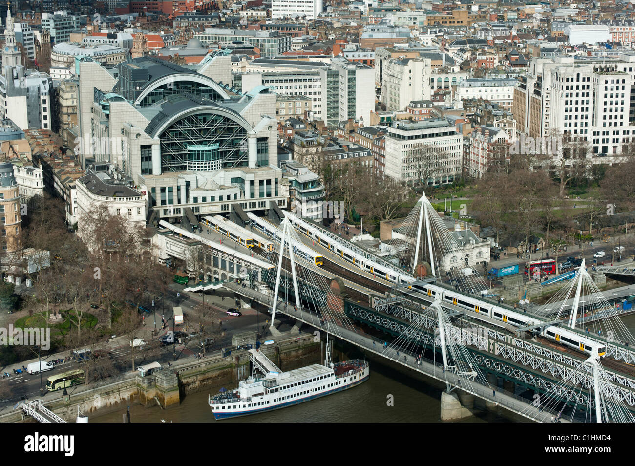 Charing Cross station, next to the river Thames, viewed from the London Eye Stock Photo