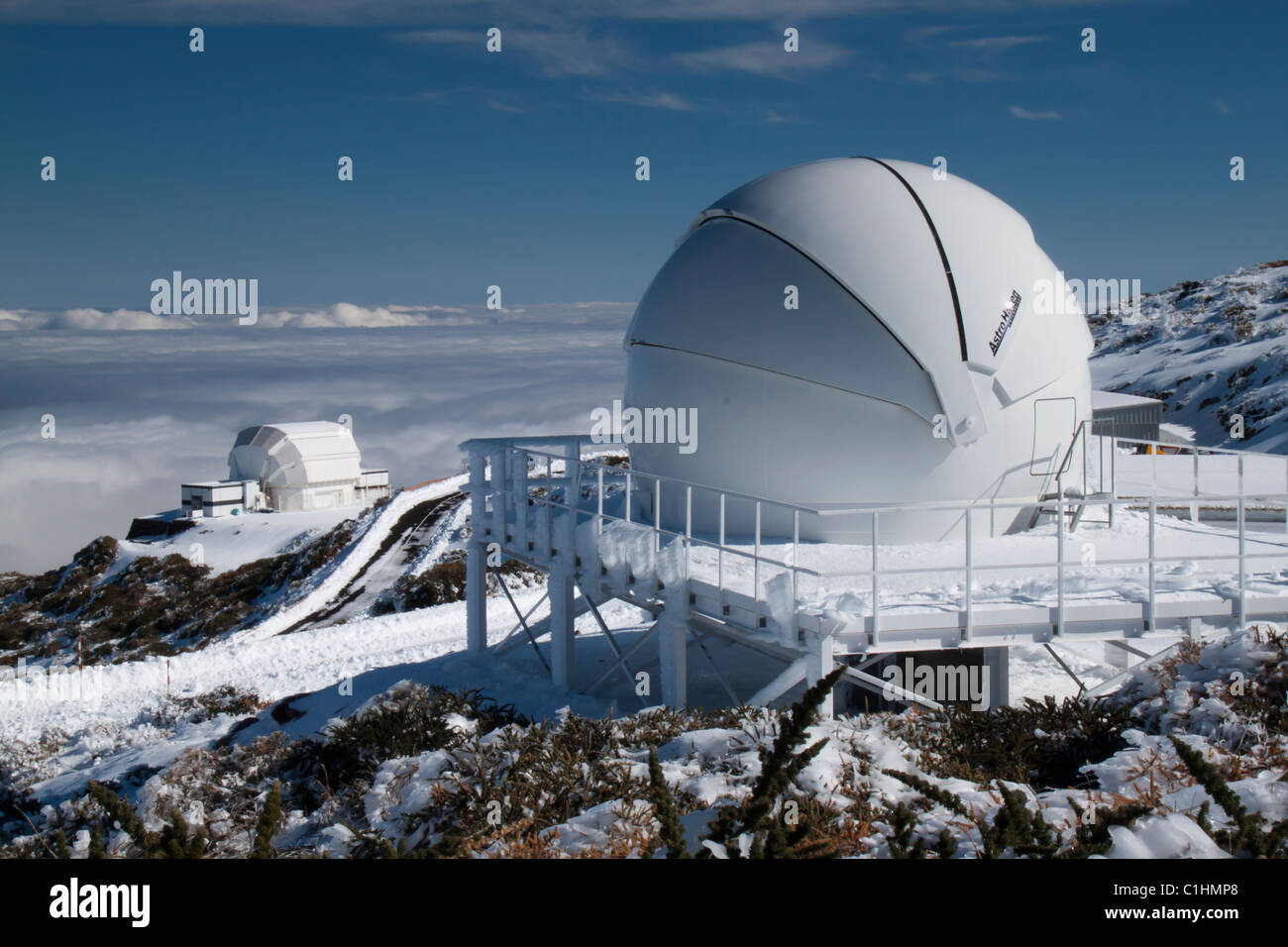 The newly built SAFT and the Liverpool telescope are visible on the Roque de Los Muchachos Observatory (La Palma, Spain). Stock Photo