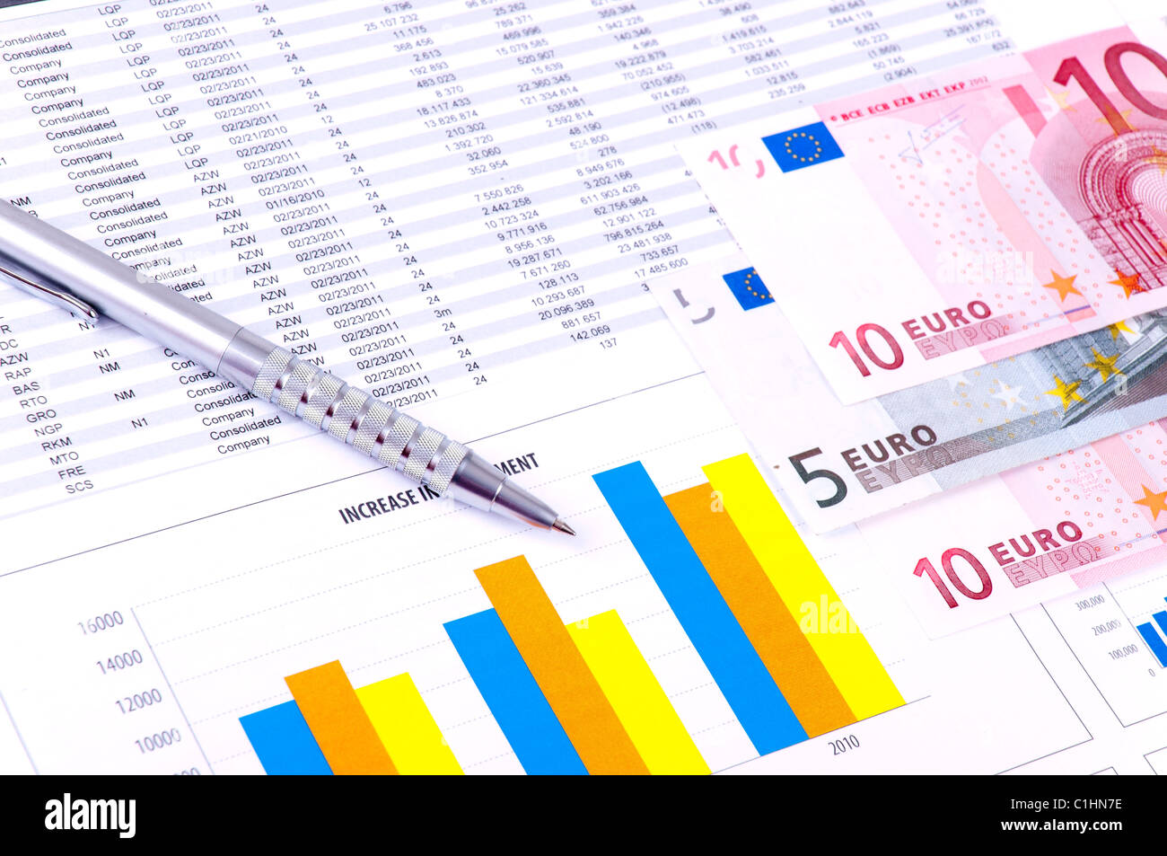 Financial Analysis with graphs and data of industrial growth. European currency notes. Stock Photo