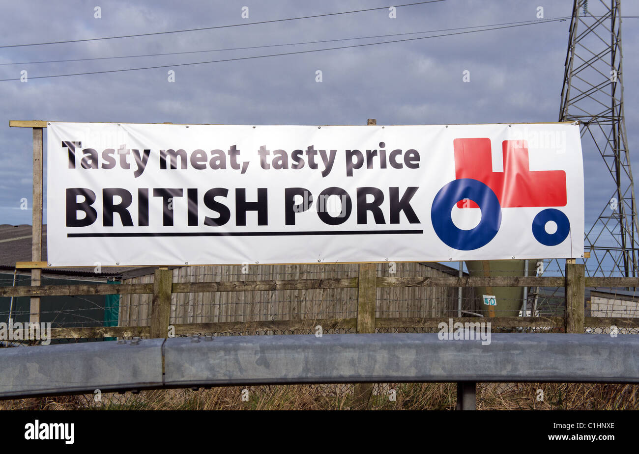 A farmers protest sign advertising British pork, Cornwall, UK Stock Photo