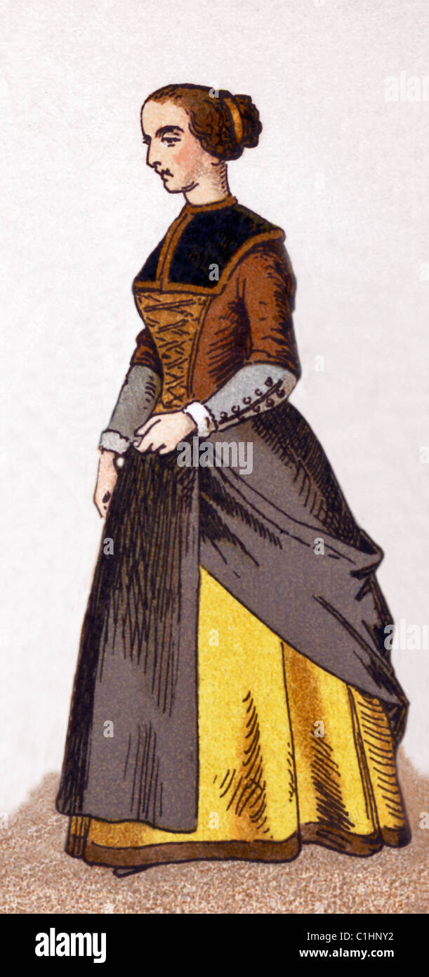 The figure represented here is a woman in the Netherlands in A.D. 1600. The illustrations dates to 1882. Stock Photo