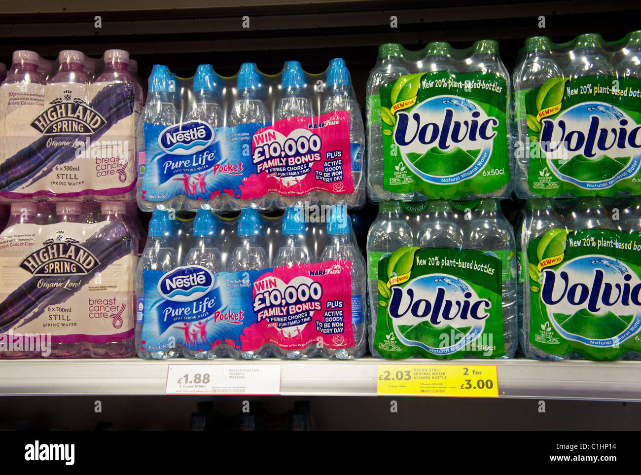 Bottled water for sale in a uk supermarket Stock Photo