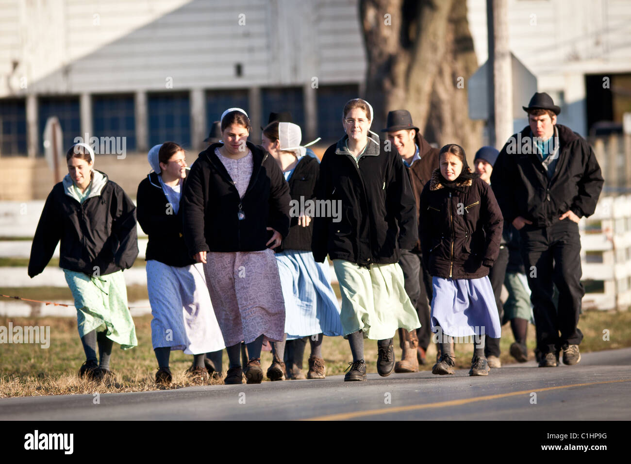 Amish women walk in a group in Gordonville, PA. Stock Photo