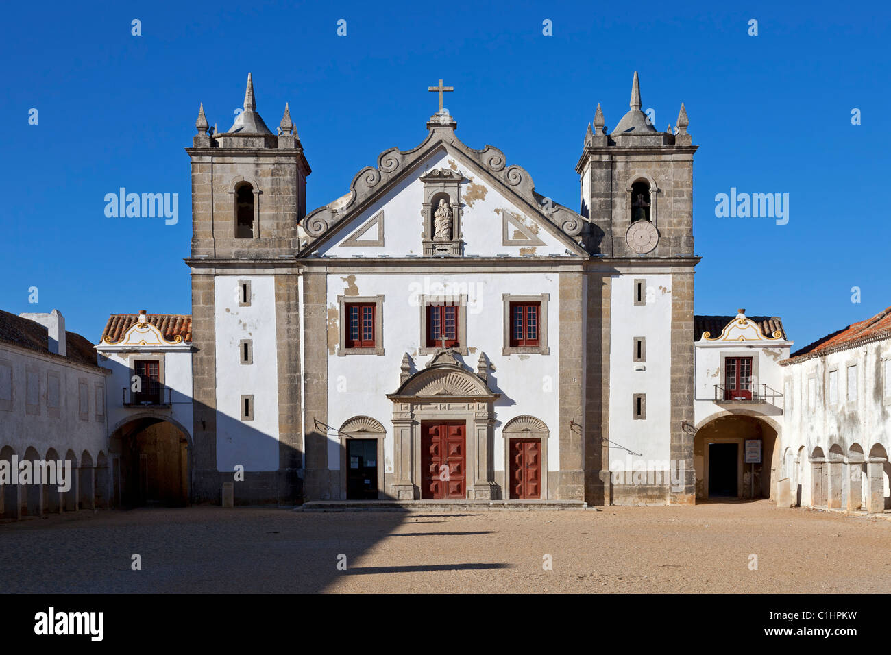 Newly panited Nossa Senhora do Cabo baroque Sanctuary church, in Espichel Cape. . Sesimbra, Portugal. Stock Photo