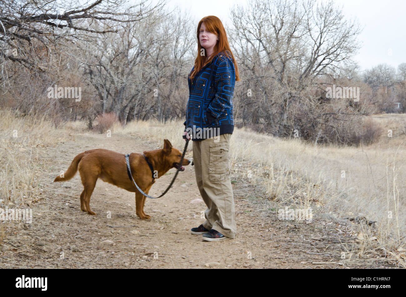 Young woman walking her dog Stock Photo - Alamy