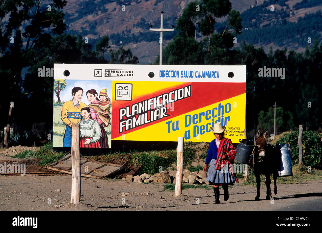 Peru, Cajamarca Department, Northern Cordillera, a panel on the family planning (birth-control) Stock Photo