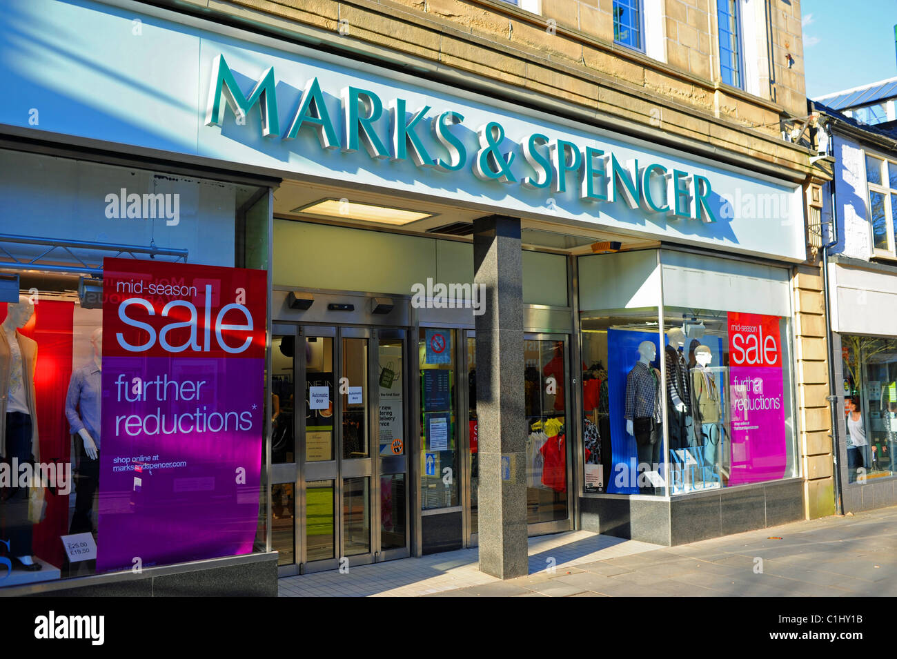 Marks & Spencer department store at shopping precinct street in the Derbyshire Peak District town of Buxton UK . Stock Photo