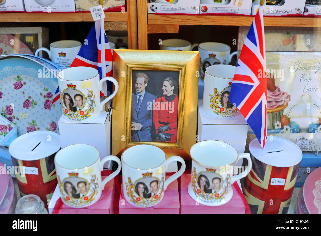 Memorabilia ready for the wedding of HRH Prince William to Kate Middleton in a shop window in Buxton UK Stock Photo