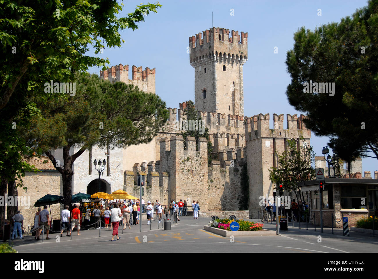 Tourists at entrance to Scaliger Castle, Sirmione, Lake Garda, italy Stock Photo
