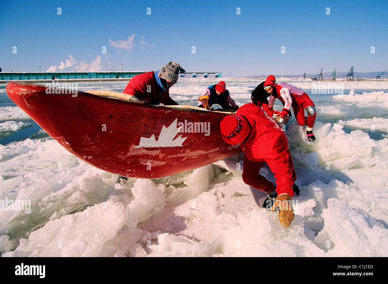 Canada, Quebec Province, Quebec city, canoe race on Saint Lawrence river during carnival Stock Photo