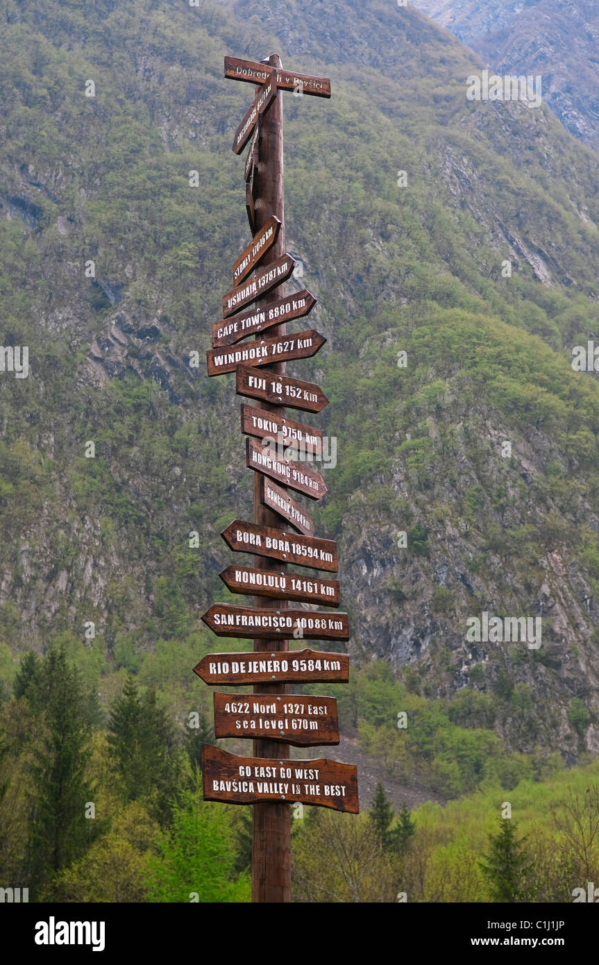 Road Sign in Soca Valley, Slovenia Stock Photo