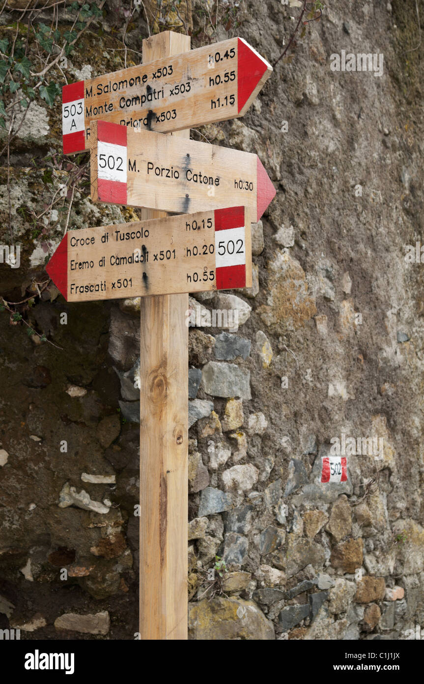 Parco dei Castelli Romani hiking trails wooden signs. Stock Photo