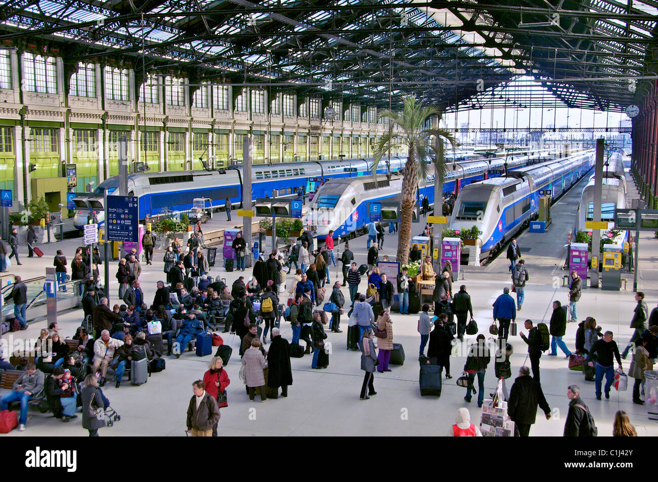 The Gare de Lyon in Paris with TGV  trains. Stock Photo