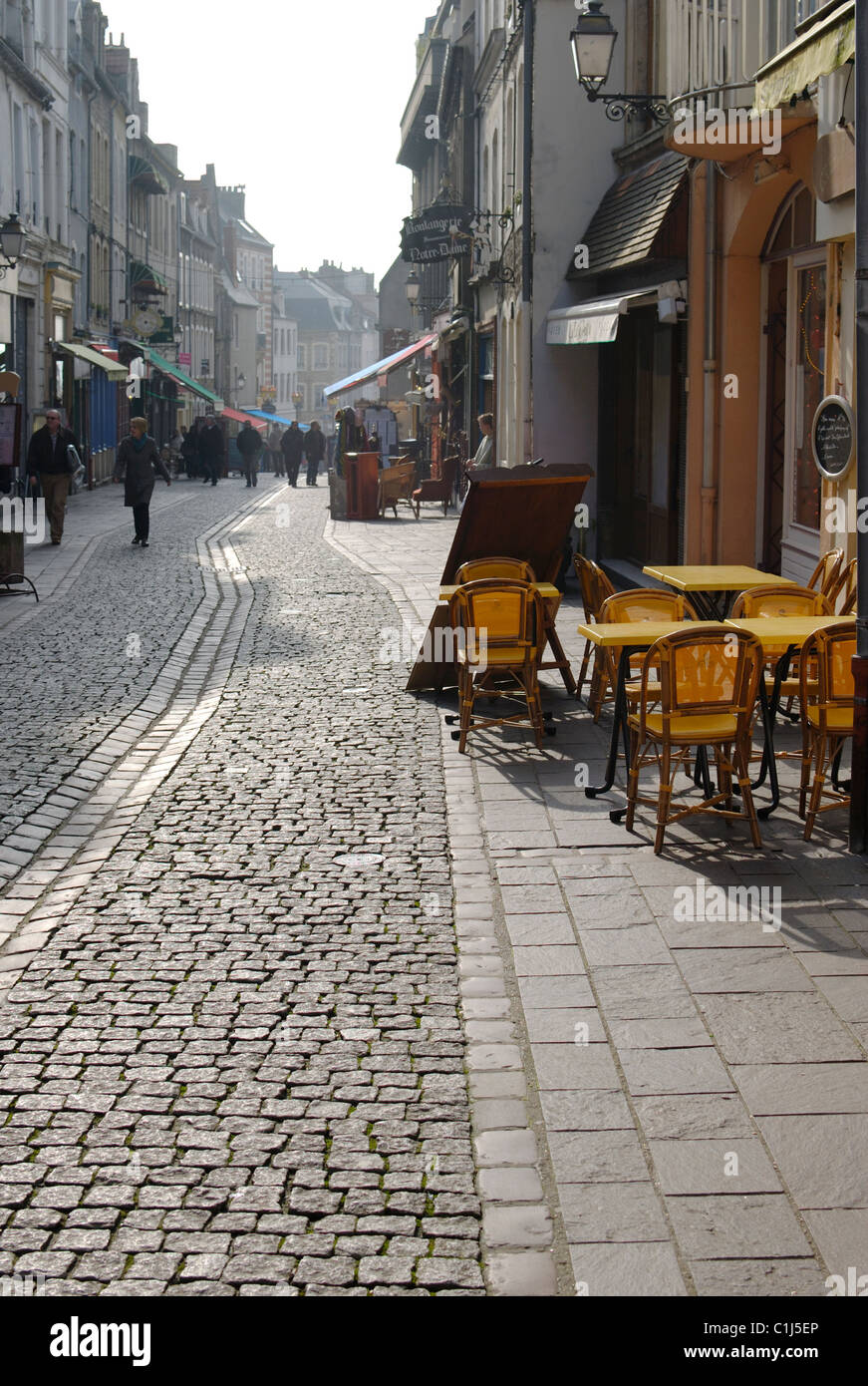 Cobbled street in the Old Town of Boulogne in the Pas de Calais region of France. Stock Photo
