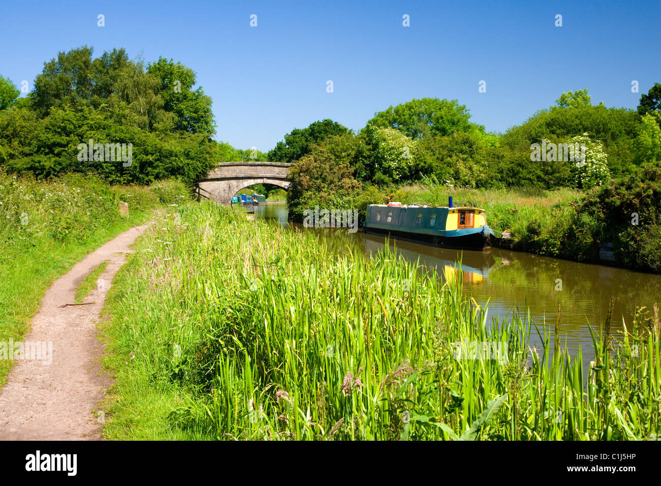 Narrow Boats on the Macclesfield Canal at Bollington in Cheshire Stock