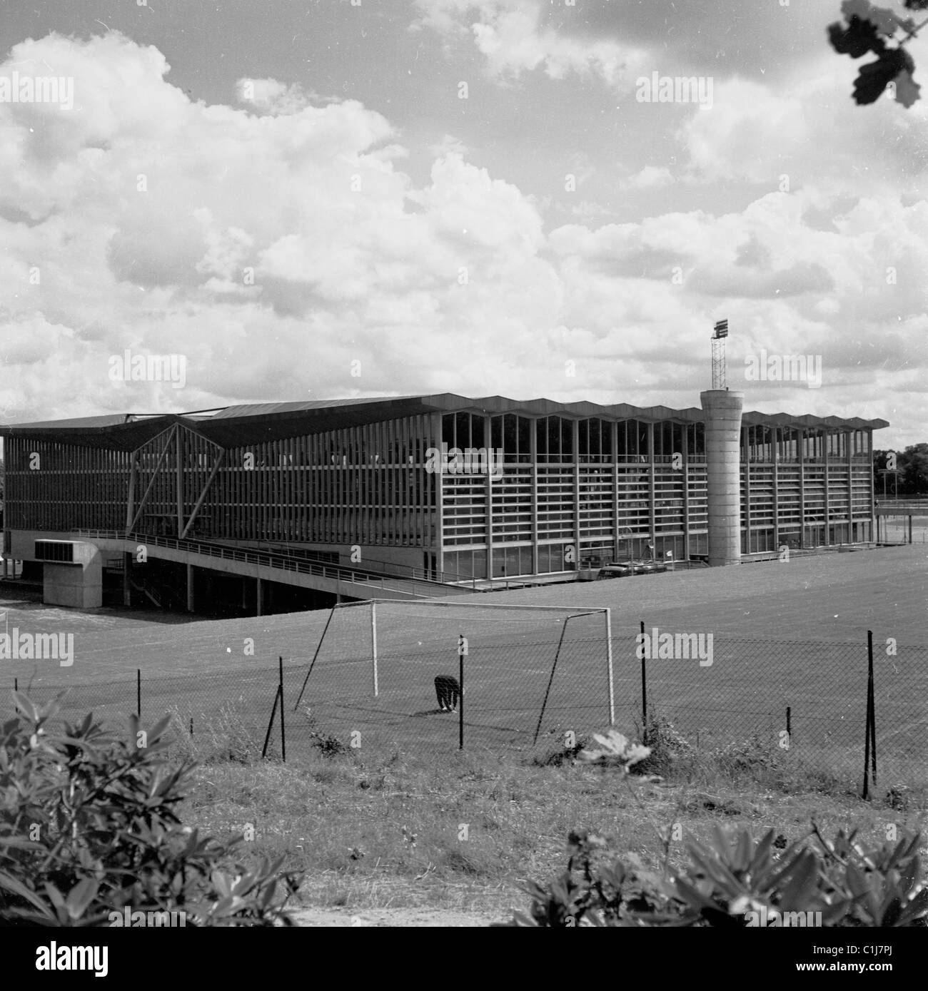 1964, historical, the new indoor sports hall and surrounding football pitches at the National Sports Centre, Crystal Palace, South London, England. Stock Photo